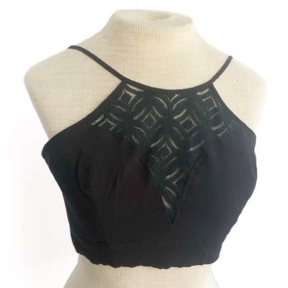 Hommage From Los Angeles Lace Inset Tie Back Crop Top in Black Size Medium - Picture 7 of 10